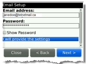 Blackberry email setup screenshot